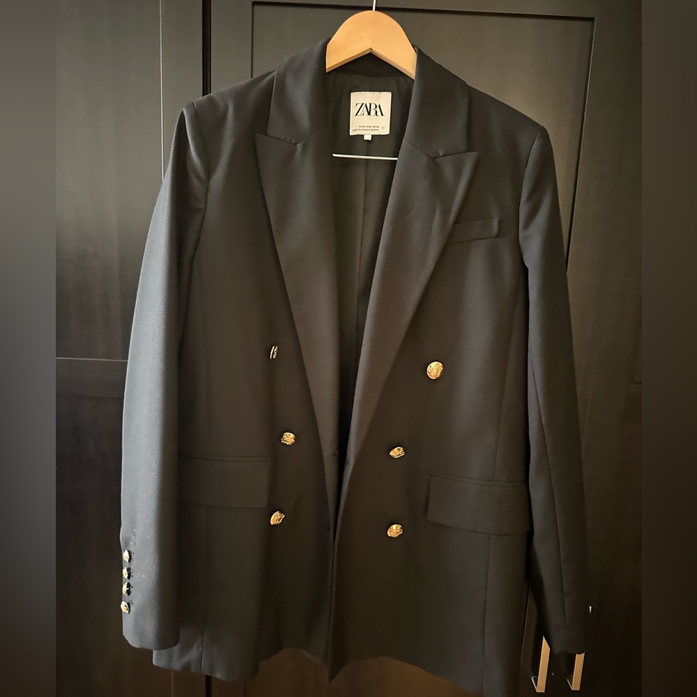 ZARA Black Double-Breasted Blazer Gold Button Tailored Oversized Jacket | Size S